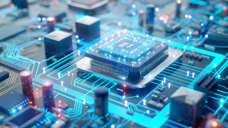 Futuristic Microchip with Digital Overlay on Circuit Board vector illustration