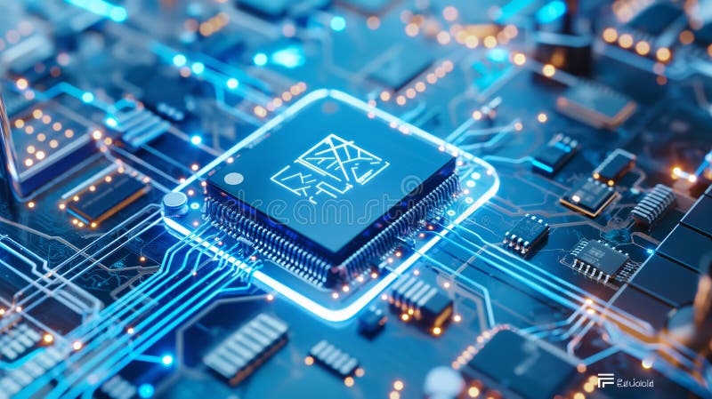 Microcip futurist cu acoperire digitală pe placa circuitelor stock photos