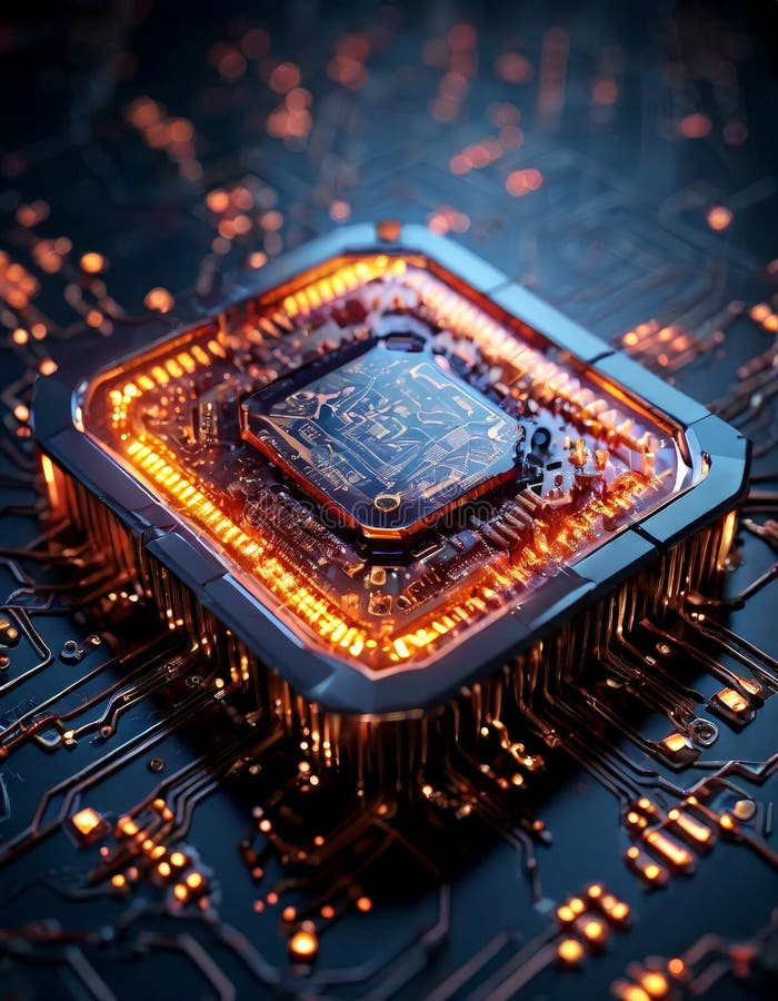 Microcip futurist cu circuite strălucitoare închise royalty free stock photography