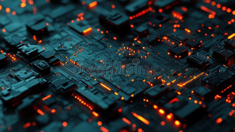Futuristic Microchip Landscape Orange Glow pe circuite pentru tehnologia IA și inovare royalty free stock photo
