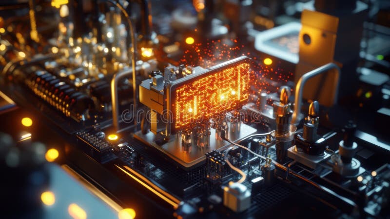 Futuristic microchip processing data on motherboard, glowing with innovation vector illustration