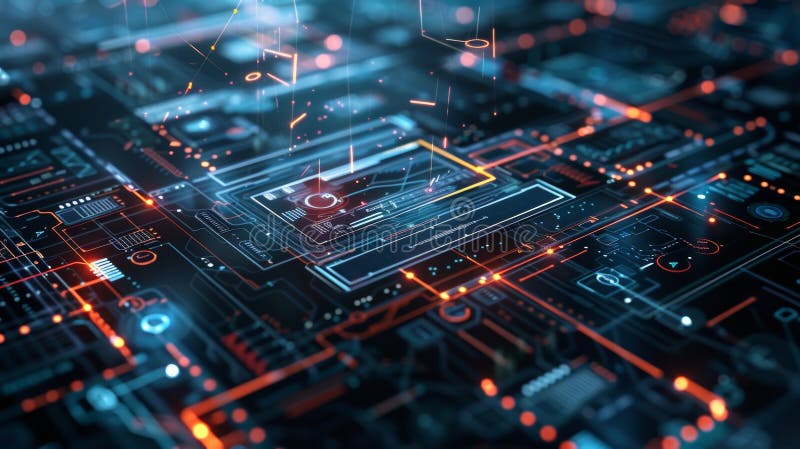 Futuristic microchip processing data stream on motherboard stock photography