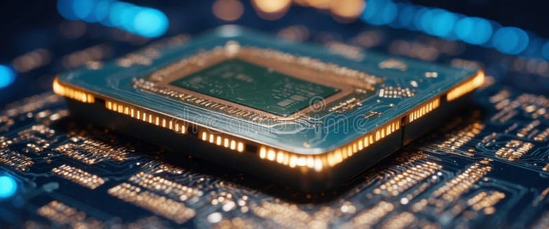 Procesor microcip futurist cu lumini pe fond albastru. royalty free stock photo