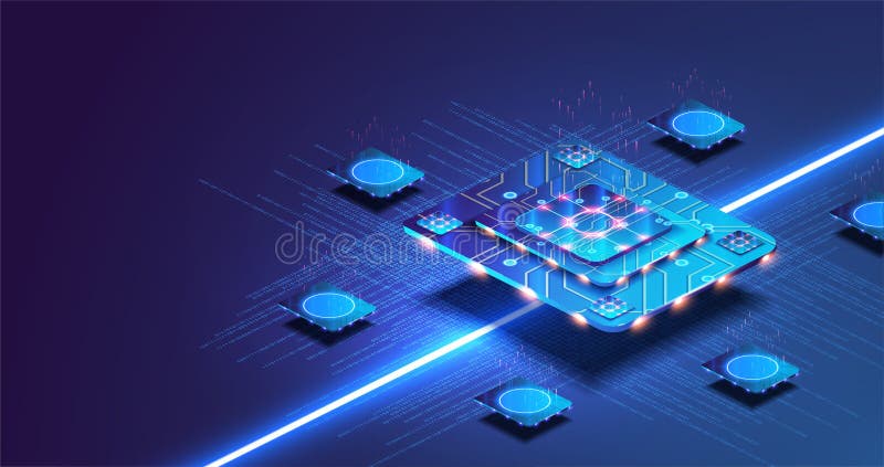 Futuristic microchip processor with lights on the blue background. Quantum computer, large data processing, database