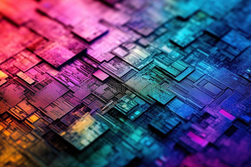 Futuristic microchip showing complex circuitry with vibrant colors. Close up of a microchip AI generated