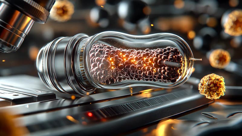 A futuristic microscope examining high-tech neural cells in a digital lab setting. Advanced scientific research. 4k royalty free illustration