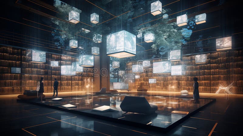 Mini bibliotecă futuristă : un spațiu elegant cu rafturi inteligente de cărți electronice interactive. Imagine generativă a unei mini-biblioteci futuriste : un spațiu elegant cu rafturi inteligente de cărți, cititoare interactive și cititoare de povești care le povestesc captivante într-o lume a cunoașterii și imaginației