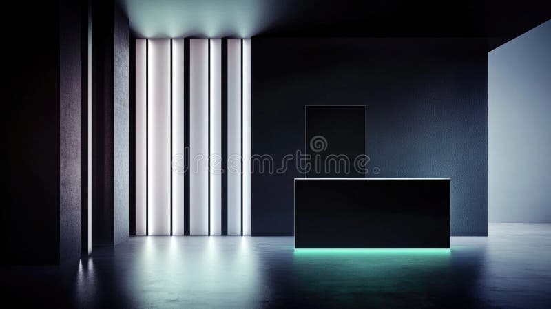 Futuristic minimal reception area with neon lighting and sleek black design elements royalty free stock photos