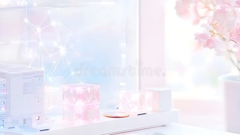 Futuristic minimal workspace with glowing technology, soft pastel tones, and digital network elements, symbolizing innovation and artificial intelligence. AI generated