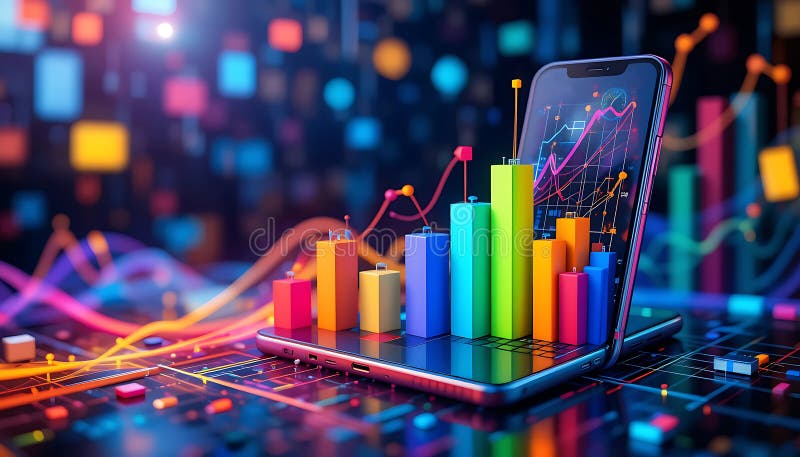 Futuristic mobile data analytics visualization with colorful bar charts emerging from a smartphone. infographic design, mobile stock illustration