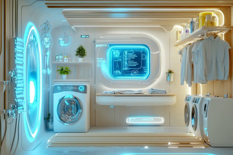 Futuristic modern laundry room with washing machine and mirror holographic display in blue. Automated system royalty free illustration