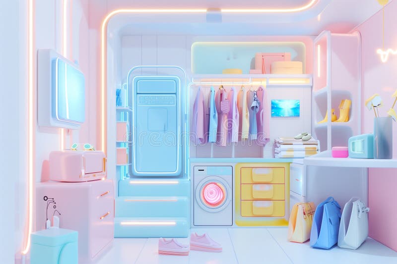 Futuristic modern minimal contemporary laundry room with washing machine and closet. vector illustration