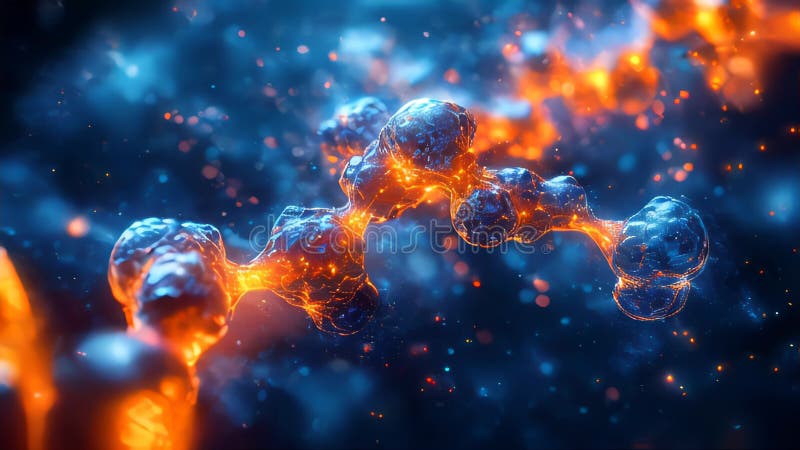 Futuristic molecular structure with glowing elements in a digital space environment stock illustration