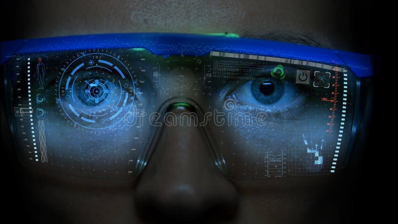Futuristic monitor on face with code and information hologram. Eye hud animation. Future concept