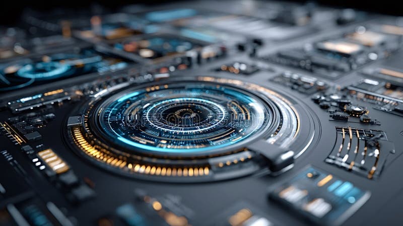 Futuristic motherboard cpu processing data with hud elements stock photos