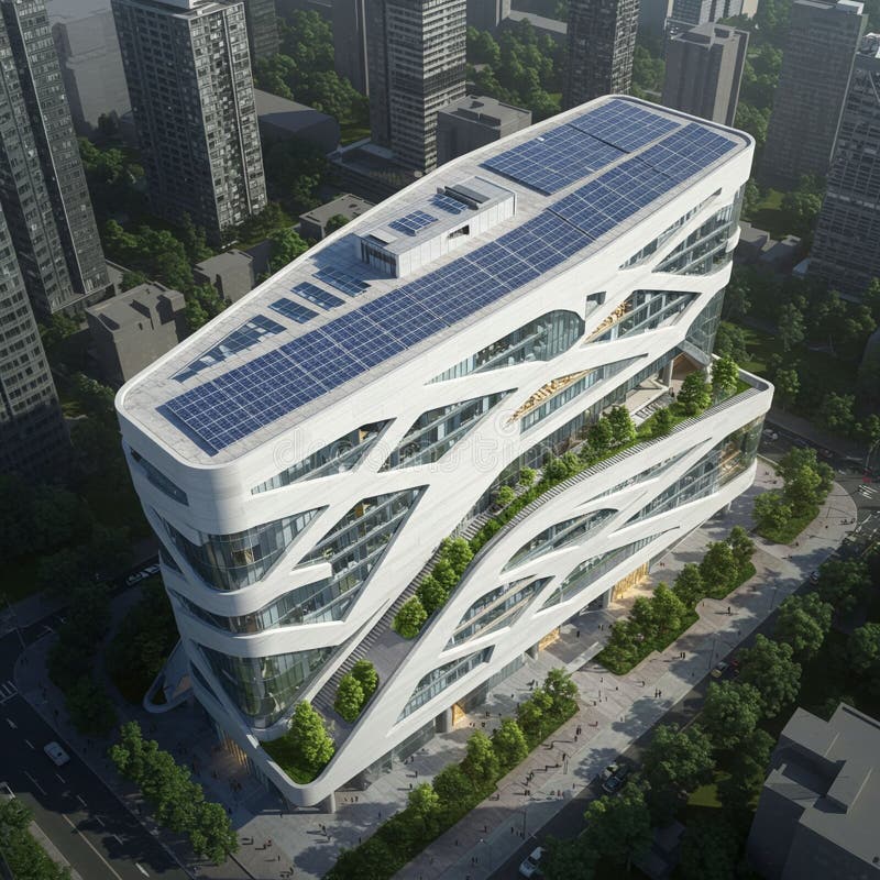 Futuristic multi-story building with curved white exterior and large glass windows. vector illustration