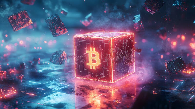 Futuristic Neon Blockchain Cube with Glowing Effects vector illustration
