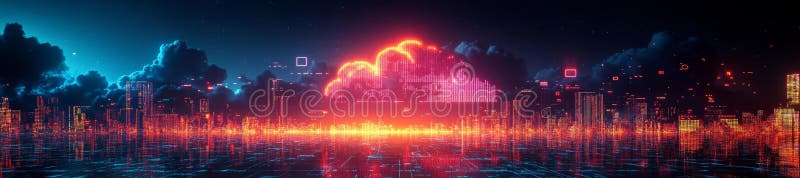 Futuristic Neon Cityscape with Digital Skyline and Clouds royalty free illustration