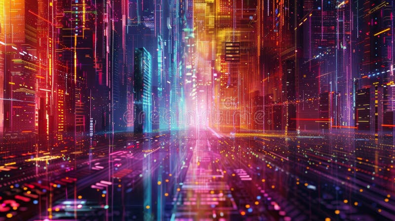Futuristic neon cityscape a dynamic abstract art with digital code and geometric patterns vector illustration