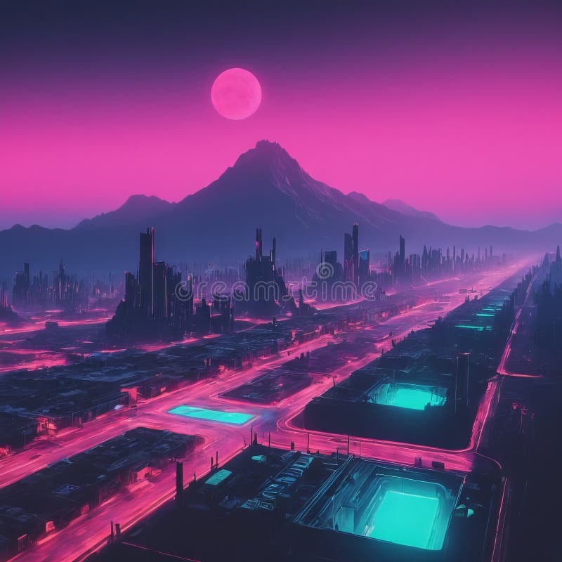 Futuristic neon cityscape with mountains and moon stock photos