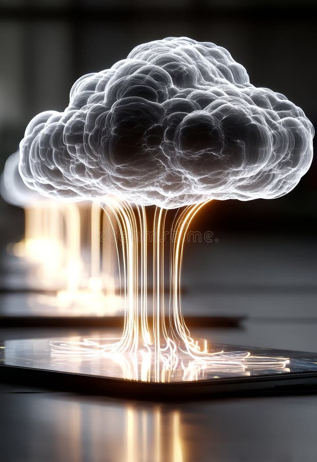 Futuristic Neon Cloud Illustrating Data Transfers Above a Digital Surface stock illustration