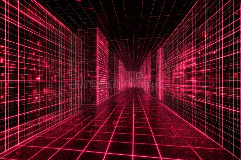 Futuristic neon grid corridor with minimalistic cyber aesthetic stock illustration
