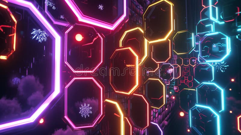 Futuristic neon hexagon lights with glowing snowflakes royalty free illustration