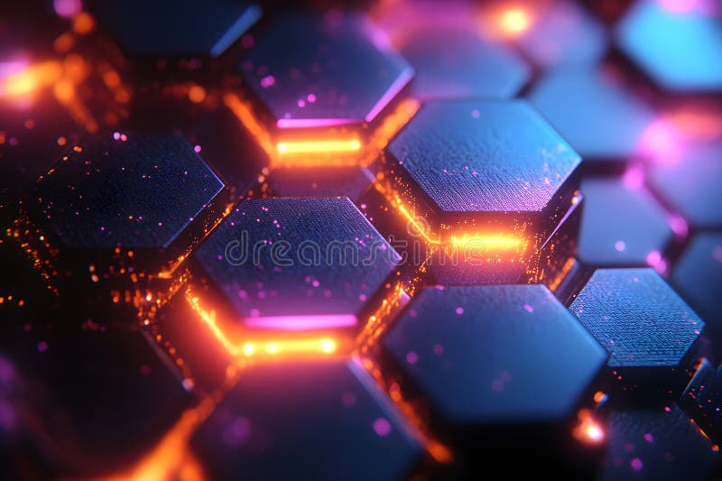Futuristic Neon Hexagonal Grid Background for Technology Design Generative AI stock illustration