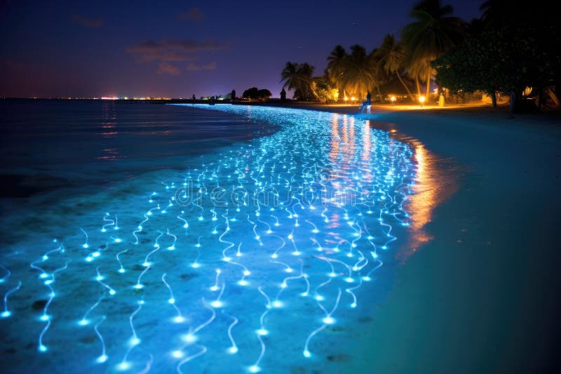 Futuristic neon lights on the beach at night, Maldives, Bio luminescence. Night beach scene in Maldives with bio luminescent plankton illuminating the waterline, AI Generated