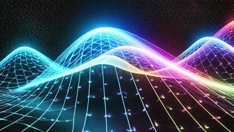 Futuristic Neon Particle Waves on Glowing Surface - 4K Big Data Tech Animation, Digital HUD Interface royalty free illustration