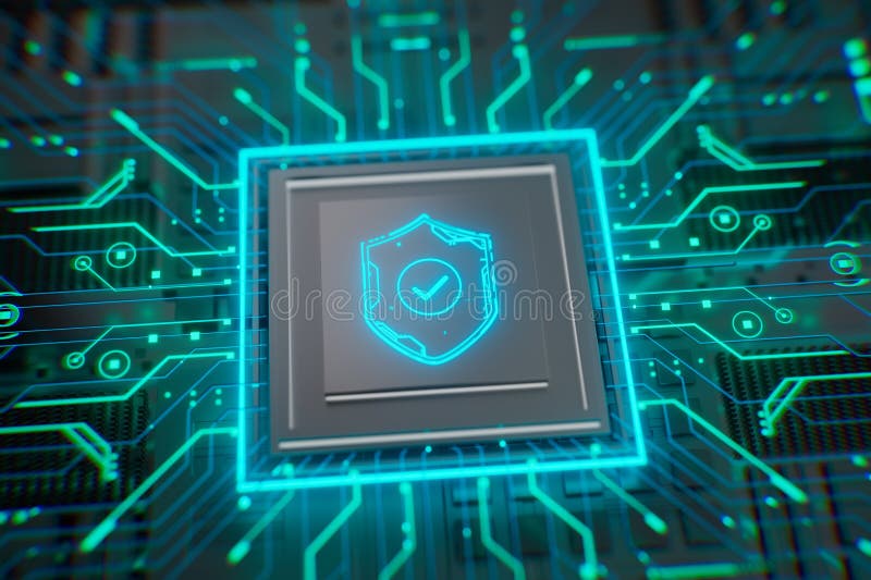 Futuristic neon shield with a checkmark on a cpu chip. Concept of cybersecurity, data protection, digital safety, privacy policy, compliance and secure technology. Shield artificial intelligence stock images, royalty-free photos and pictures