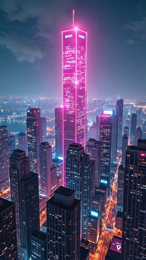 Futuristic neon skyline of a vibrant urban cityscape at night royalty free stock image