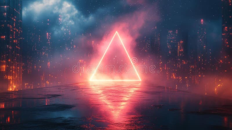 Futuristic Neon Triangle with Glowing Lights in a Dark Setting stock illustration