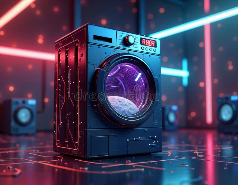 Futuristic neon washing machine glows with orange, blue lights. Techy design with network patterns. Abstract image of laundry in vector illustration