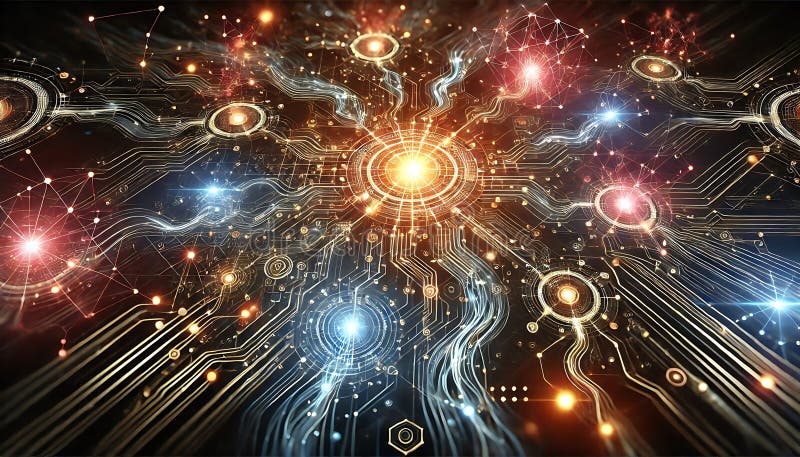 Futuristic neural network background with glowing interconnected nodes, energy pulses, and flowing circuit-like paths. Generative AI AI generated