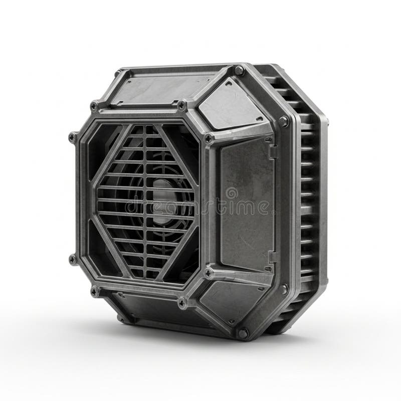Futuristic Octagonal Metallic Device with Grille and Screws on White Background image photo vector illustration