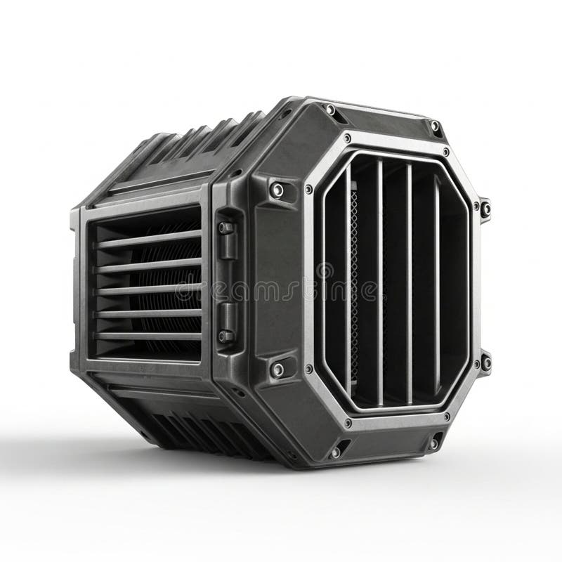 Futuristic Octagonal Metallic Device with Grilles and Bolts on White Background sci-fi technology royalty free illustration
