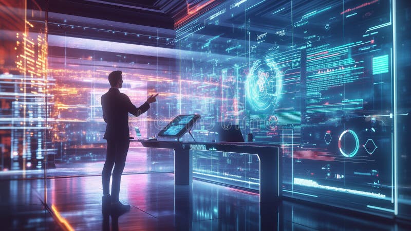 Futuristic office with advanced technology vector illustration
