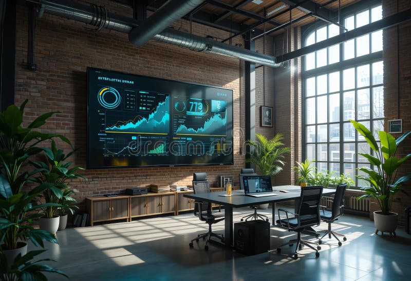 Futuristic office with city view and glowing digital screens vector illustration