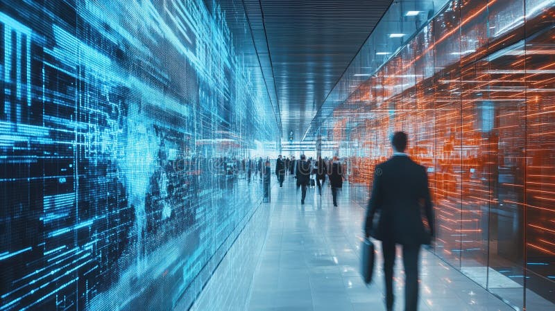 Futuristic office corridor with digital displays and business people walking in modern glass high-tech environment vector illustration