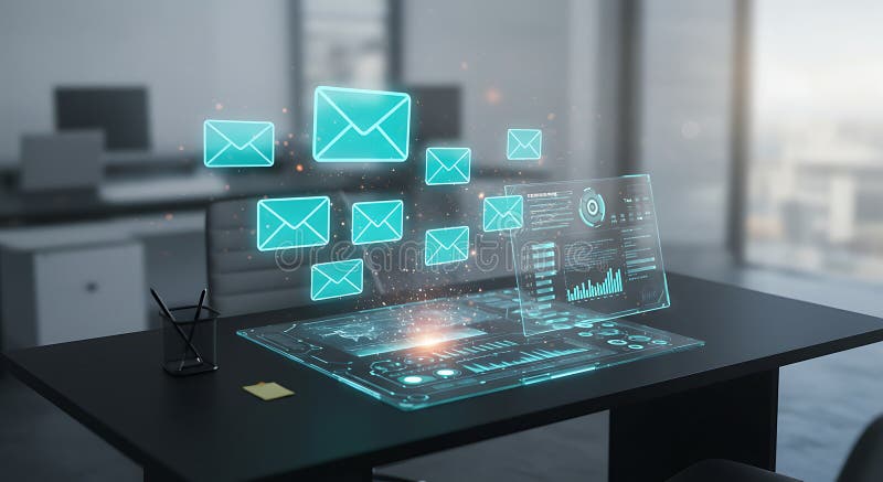 A futuristic office desk features a holographic display projecting digital content. royalty free illustration