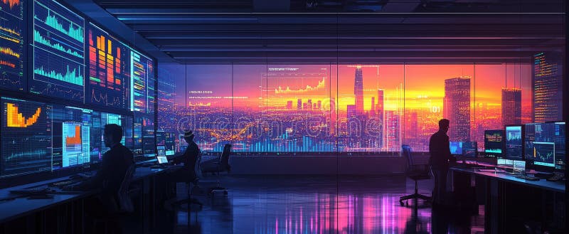 Futuristic office with diverse professionals analyzing data on multiple screens at sunset royalty free illustration