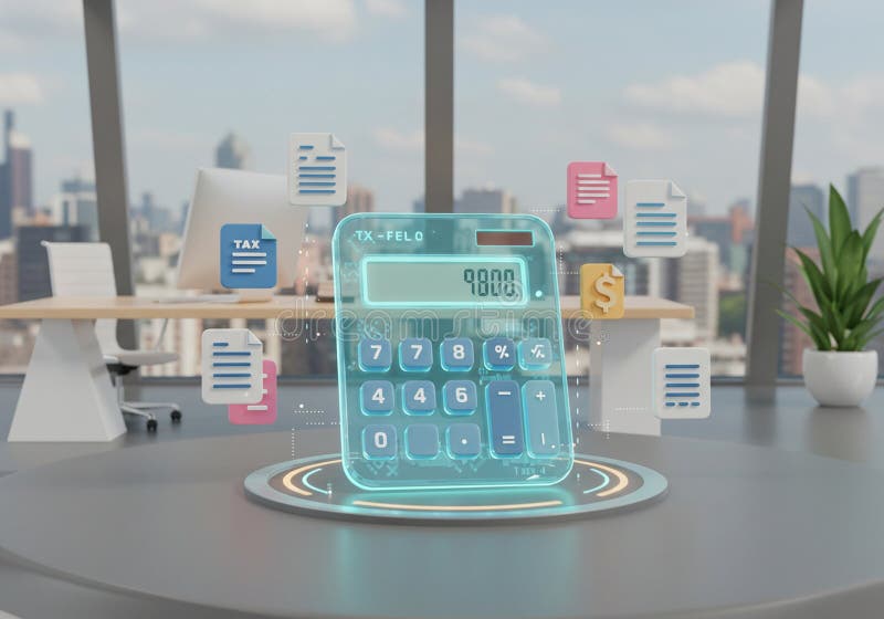 A futuristic office features a glowing holographic calculator displaying \'7800\' on its stock illustration