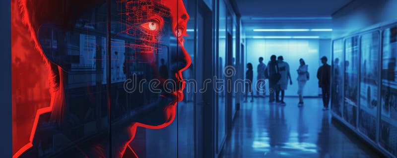 Futuristic Office Hallway with Digital Face Overlay and People in Background royalty free illustration