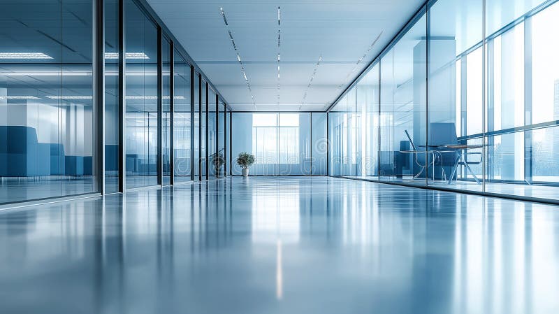 Futuristic office interior with glass walls, sleek furniture, and bright lighting, creating a modern and minimal workspace royalty free illustration