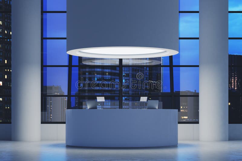 Futuristic office interior with a round room equipped with computers. royalty free illustration