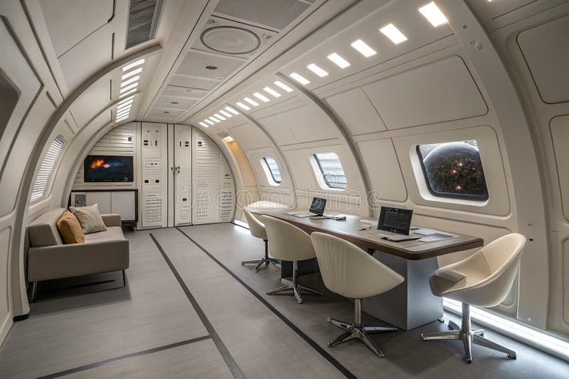 Futuristic office interior in spaceship style stock illustration