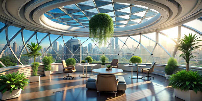 A futuristic office lounge featuring geometric ceiling designs and abundant natural light for a relaxing and inspiring atmosphere royalty free illustration