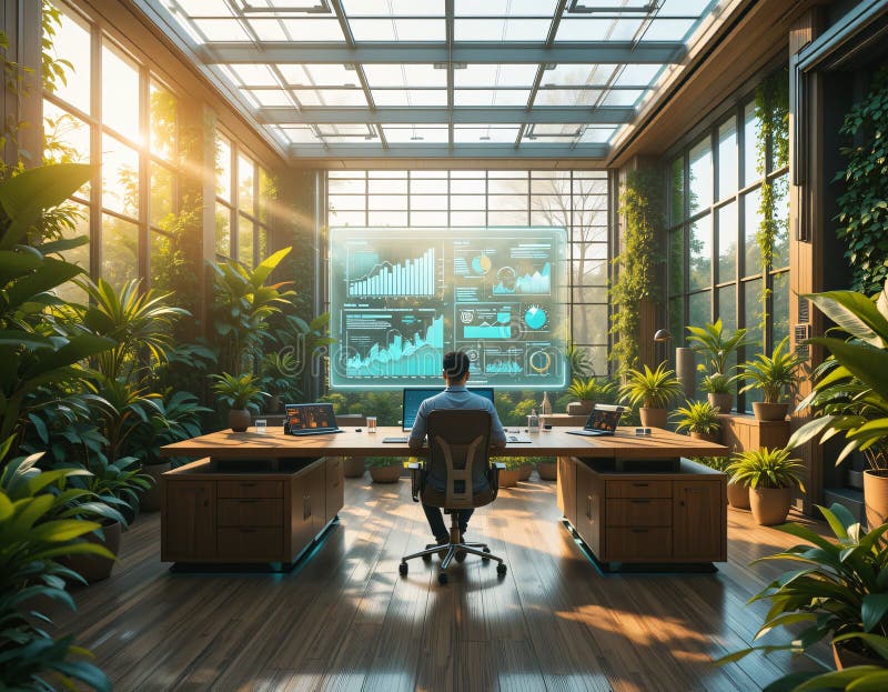 Futuristic office with natural light and large city windows royalty free illustration