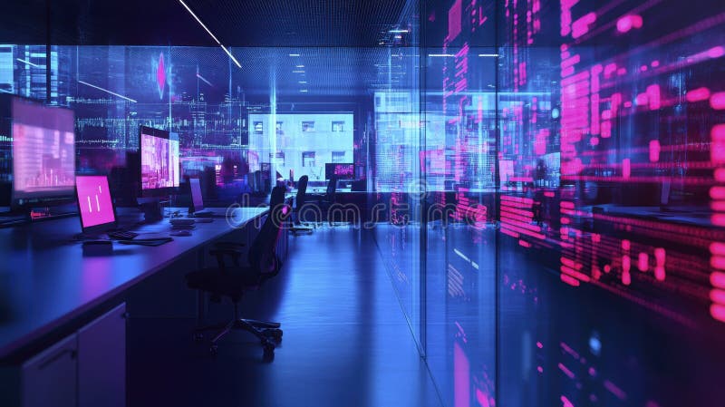 Futuristic Office with Pink and Blue Neon Lighting and Data Streams vector illustration